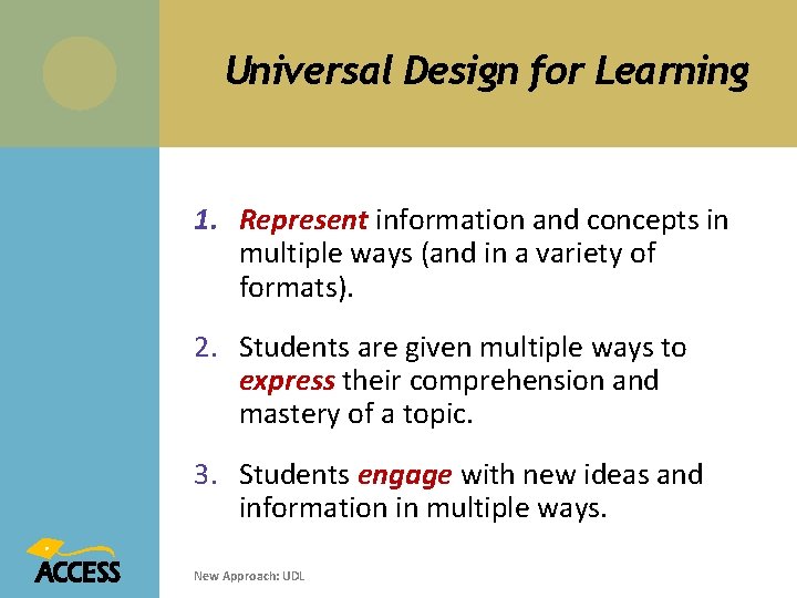 Universal Design for Learning 1. Represent information and concepts in multiple ways (and in