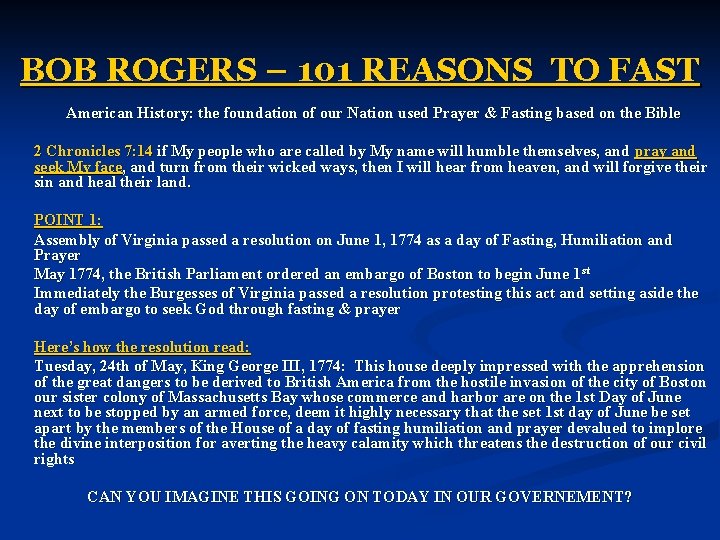 BOB ROGERS – 101 REASONS TO FAST American History: the foundation of our Nation