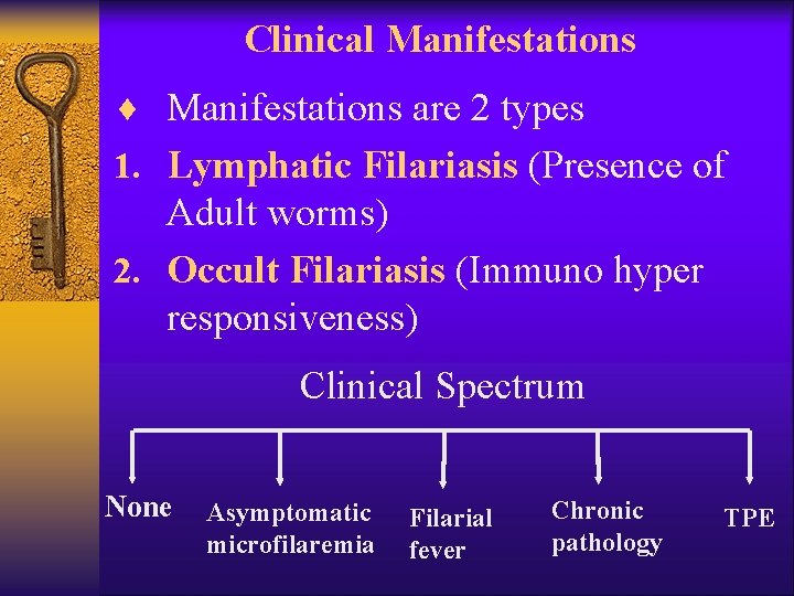 Clinical Manifestations ¨ Manifestations are 2 types 1. Lymphatic Filariasis (Presence of Adult worms)
