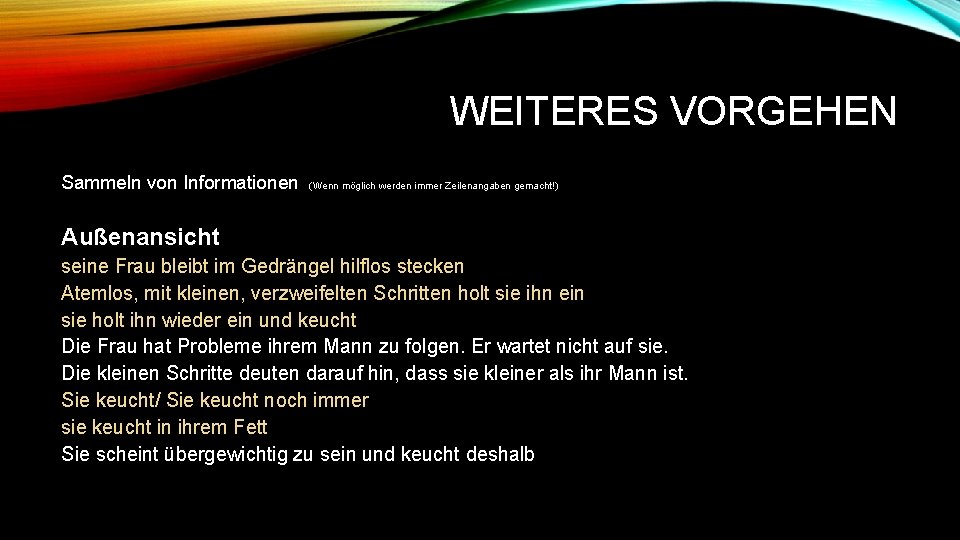 WEITERES VORGEHEN Sammeln von Informationen (Wenn möglich werden immer Zeilenangaben gemacht!) Außenansicht seine Frau