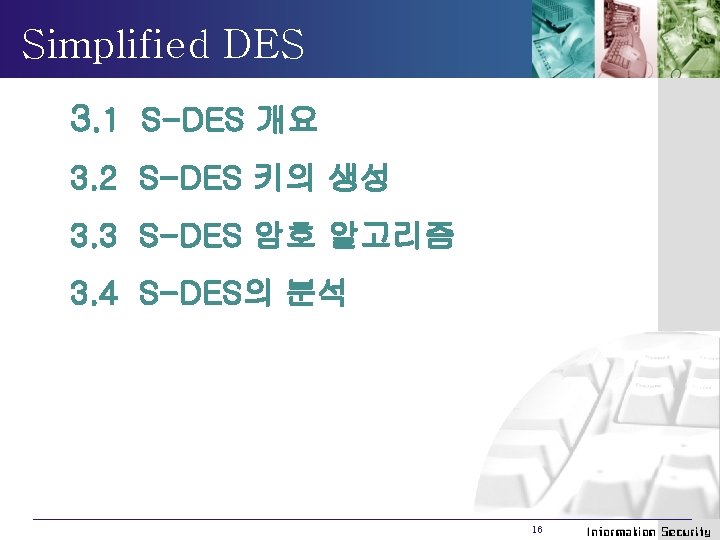 Simplified DES 3. 1 S-DES 개요 3. 2 S-DES 키의 생성 3. 3 S-DES