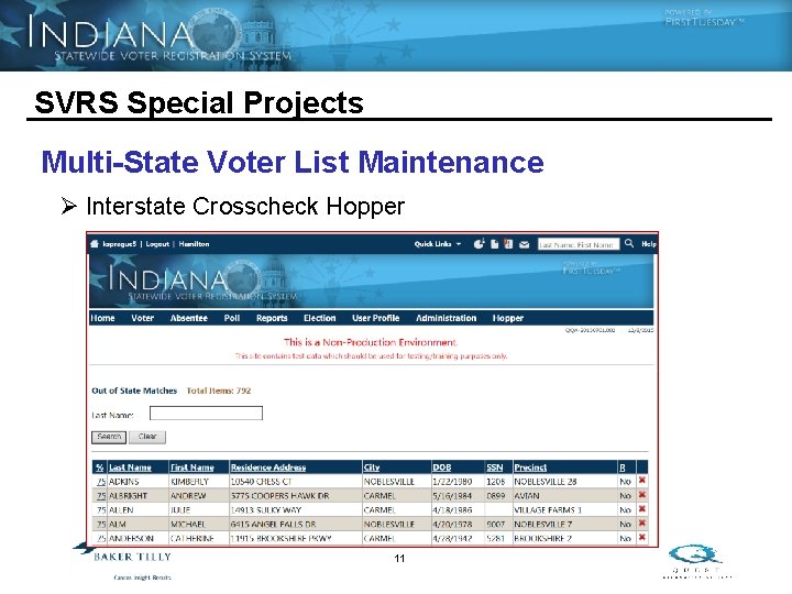 SVRS Special Projects Multi-State Voter List Maintenance Ø Interstate Crosscheck Hopper 11 