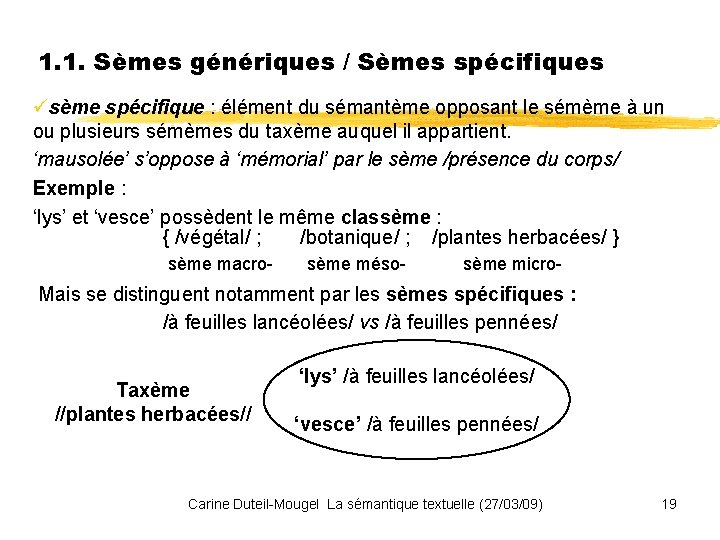 1. 1. Sèmes génériques / Sèmes spécifiques üsème spécifique : élément du sémantème opposant