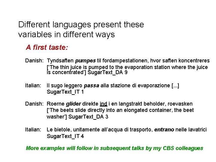 Different languages present these variables in different ways A first taste: Danish: Tyndsaften pumpes