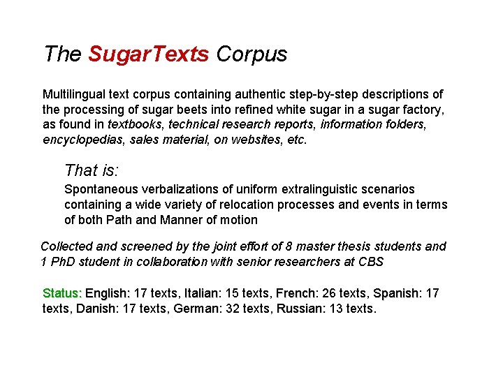 The Sugar. Texts Corpus Multilingual text corpus containing authentic step-by-step descriptions of the processing