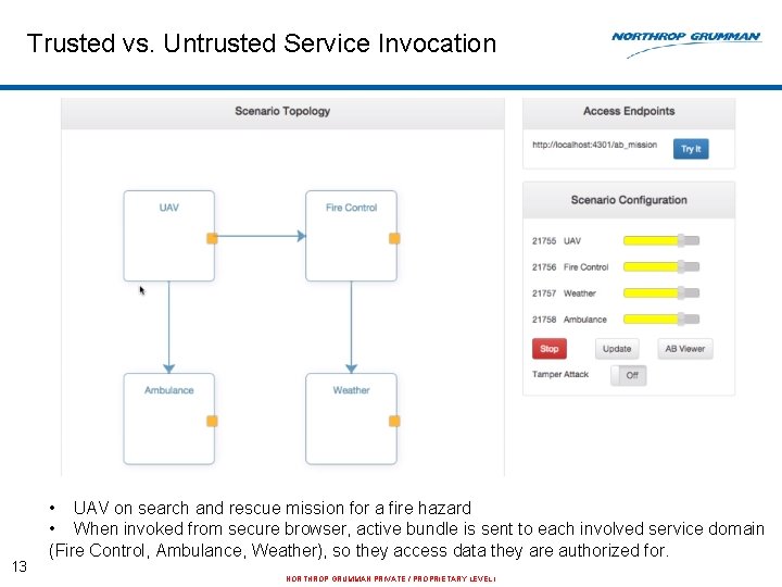 Trusted vs. Untrusted Service Invocation 13 • UAV on search and rescue mission for