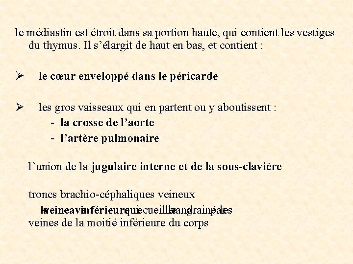 le médiastin est étroit dans sa portion haute, qui contient les vestiges du thymus.