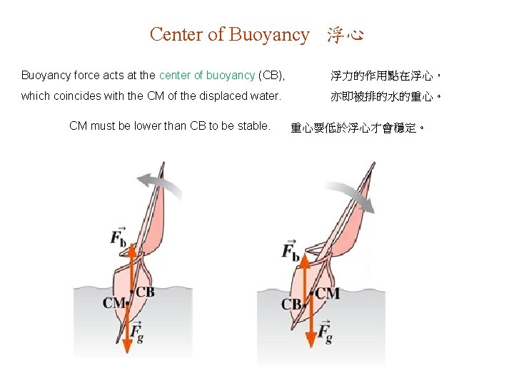 Center of Buoyancy 浮心 Buoyancy force acts at the center of buoyancy (CB), 浮力的作用點在浮心，