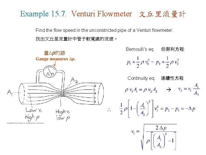 Example 15. 7. Venturi Flowmeter 文丘里流量計 Find the flow speed in the unconstricted pipe