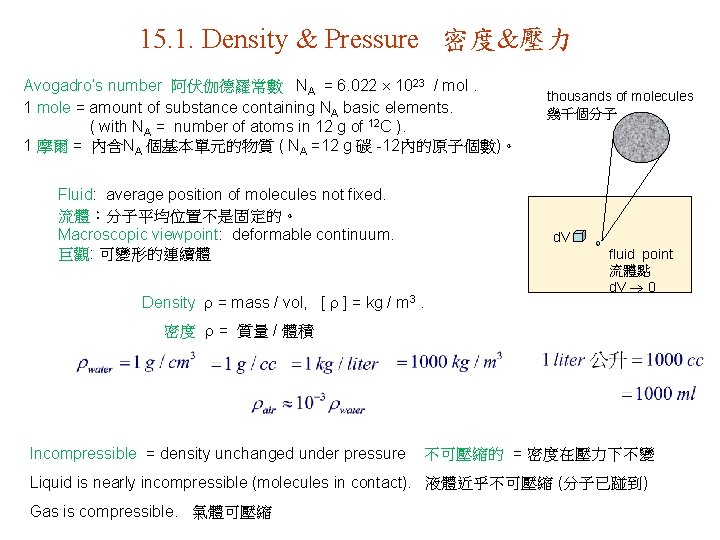 15. 1. Density & Pressure 密度&壓力 Avogadro’s number 阿伏伽德羅常數 NA = 6. 022 1023