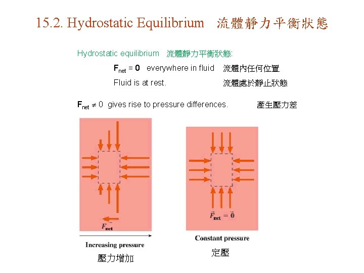 15. 2. Hydrostatic Equilibrium 流體靜力平衡狀態 Hydrostatic equilibrium 流體靜力平衡狀態: Fnet = 0 everywhere in fluid