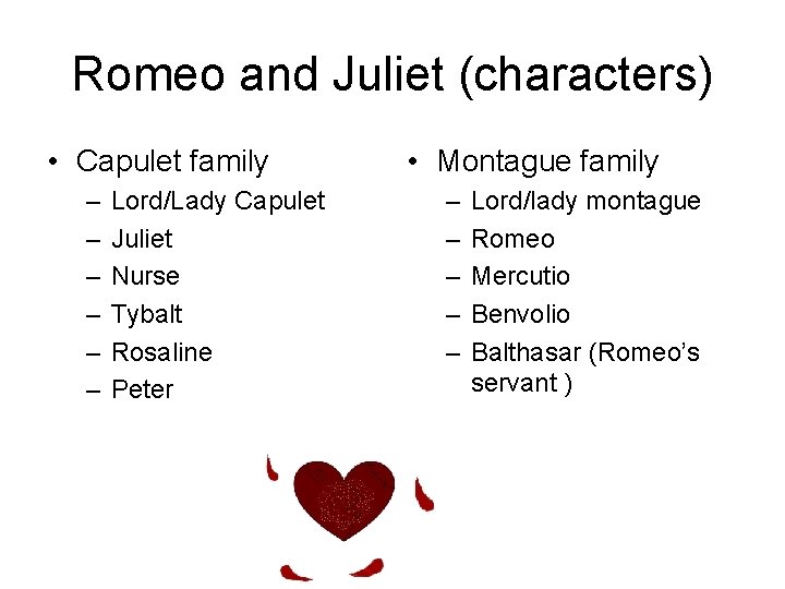 Romeo and Juliet (characters) • Capulet family – – – Lord/Lady Capulet Juliet Nurse