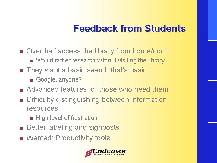 Feedback from Students < Over half access the library from home/dorm < < They