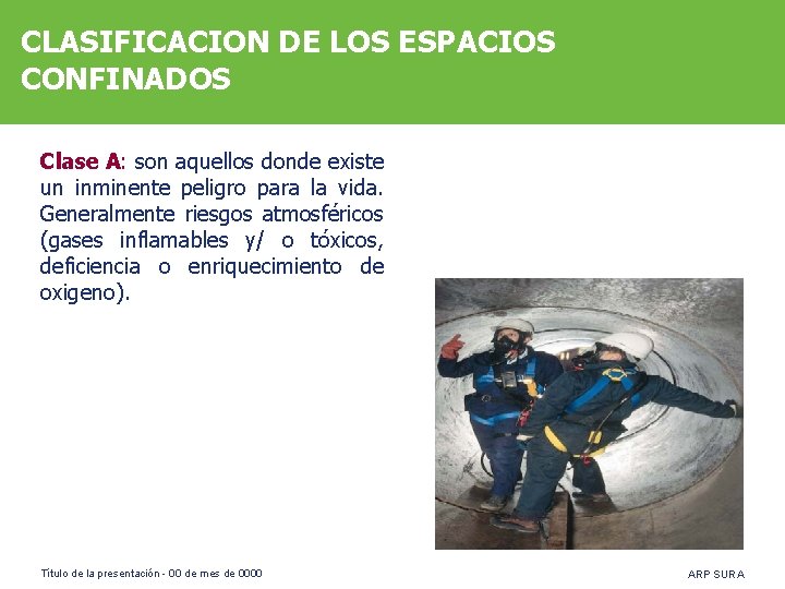 CLASIFICACION DE LOS ESPACIOS CONFINADOS Clase A: son aquellos donde existe un inminente peligro