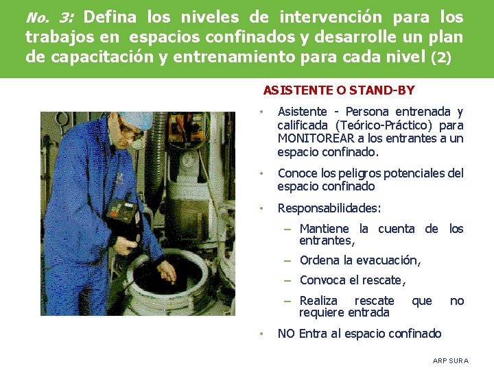 No. 3: Defina los niveles de intervención para los trabajos en espacios confinados y