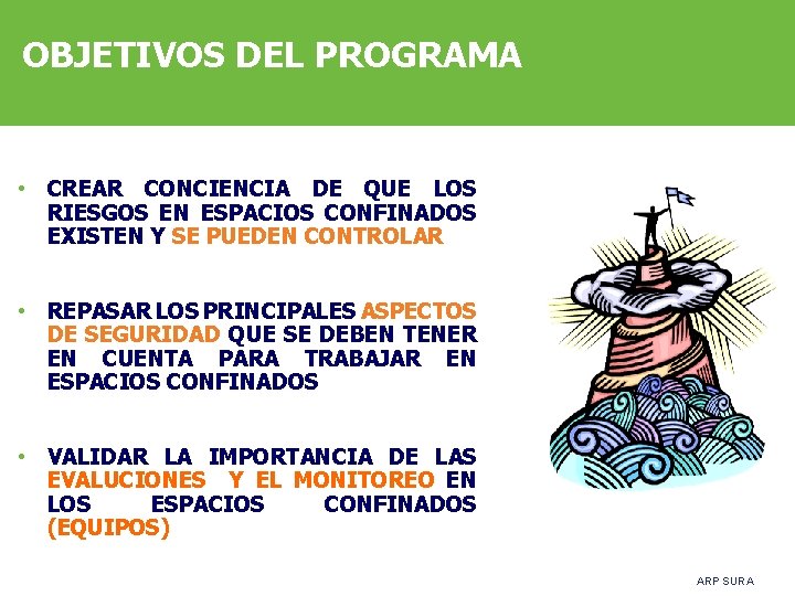 OBJETIVOS DEL PROGRAMA • CREAR CONCIENCIA DE QUE LOS RIESGOS EN ESPACIOS CONFINADOS EXISTEN