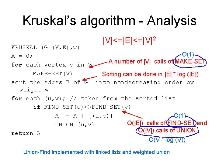 Kruskal’s algorithm - Analysis |V|<=|E|<=|V|2 KRUSKAL (G=(V, E), w) O(1) A = 0; A