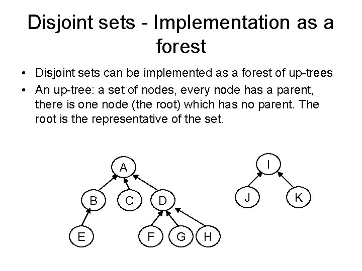 Disjoint sets - Implementation as a forest • Disjoint sets can be implemented as