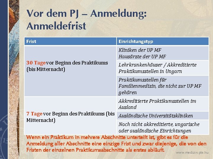 Vor dem PJ – Anmeldung: Anmeldefrist Frist Einrichtungstyp Kliniken der UP MF Hausärzte der