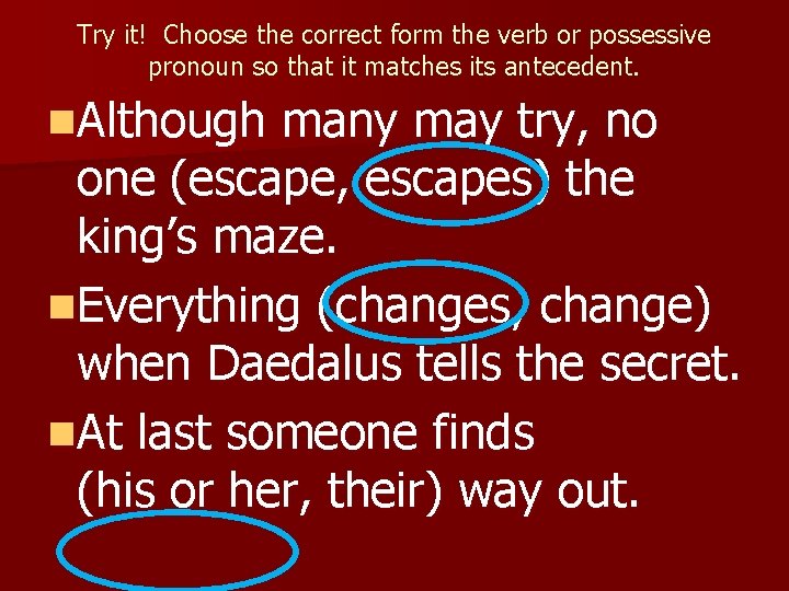 Try it! Choose the correct form the verb or possessive pronoun so that it