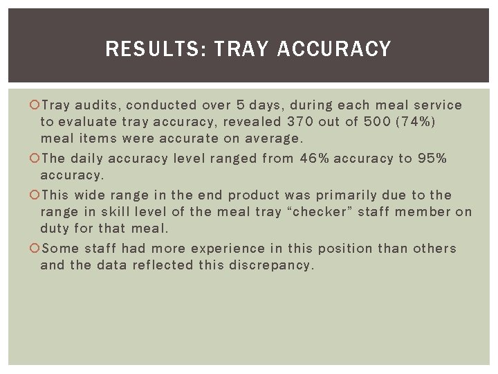 RESULTS: TRAY ACCURACY Tray audits, conducted over 5 days, during each meal service to