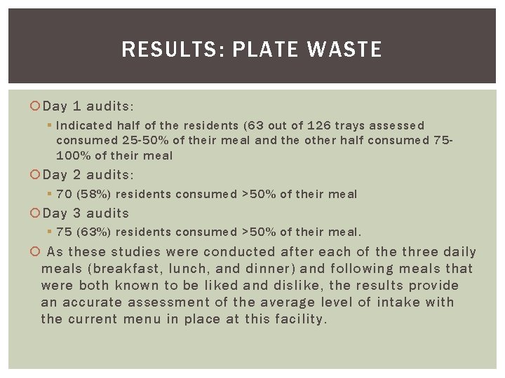 RESULTS: PLATE WASTE Day 1 audits: § Indicated half of the residents (63 out