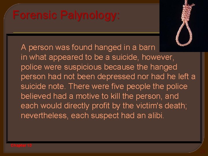 Forensic Palynology: A person was found hanged in a barn in what appeared to