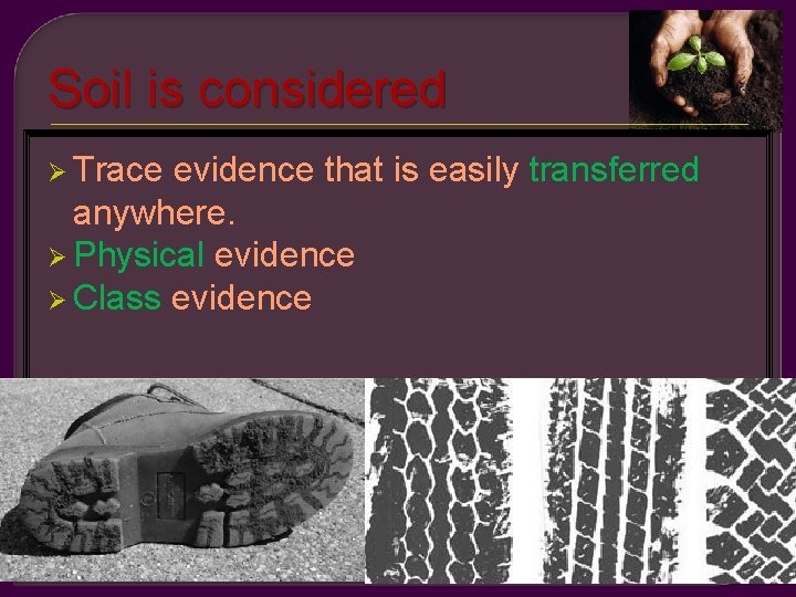 Soil is considered Ø Trace evidence that is easily transferred anywhere. Ø Physical evidence