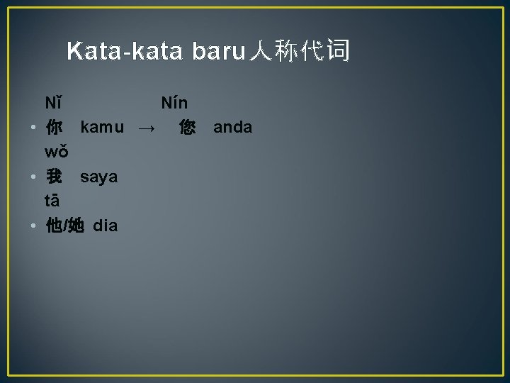 Kata-kata baru人称代词 Nǐ Nín • 你 kamu → 您 anda wǒ • 我 saya