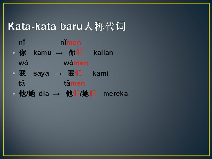 Kata-kata baru人称代词 nǐ nǐmen • 你 kamu → 你们 kalian wǒ wǒmen • 我