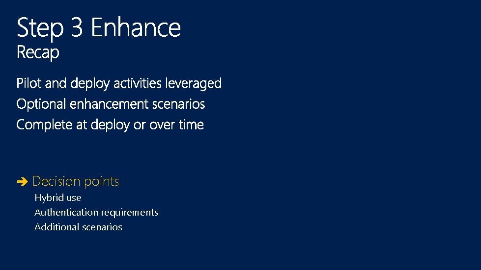 Decision points Hybrid use Authentication requirements Additional scenarios 