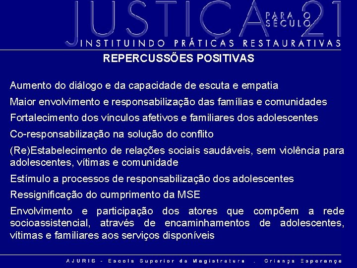 REPERCUSSÕES POSITIVAS Aumento do diálogo e da capacidade de escuta e empatia Maior envolvimento