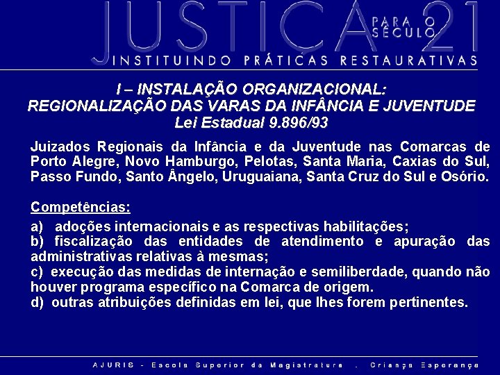 I – INSTALAÇÃO ORGANIZACIONAL: REGIONALIZAÇÃO DAS VARAS DA INF NCIA E JUVENTUDE Lei Estadual