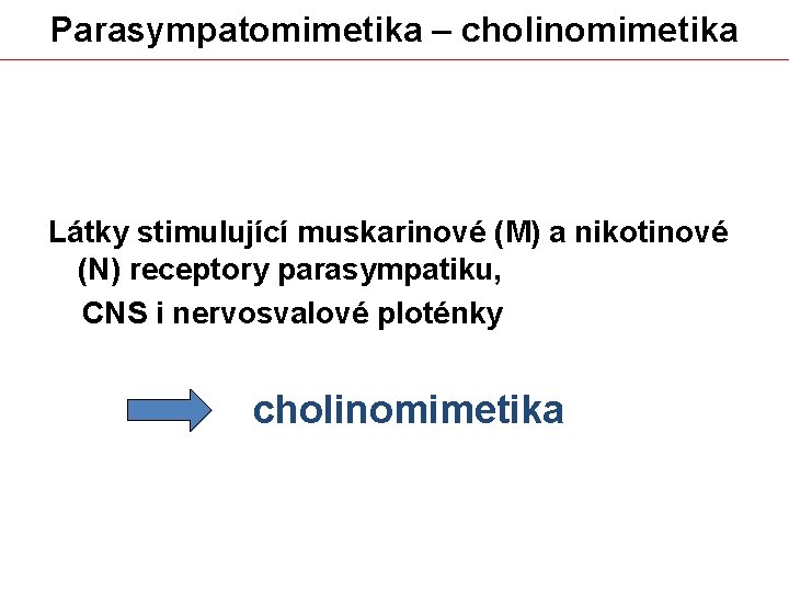 Parasympatomimetika – cholinomimetika Látky stimulující muskarinové (M) a nikotinové (N) receptory parasympatiku, CNS i