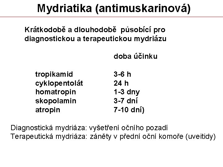  Mydriatika (antimuskarinová) Krátkodobě a dlouhodobě působící pro diagnostickou a terapeutickou mydriázu tropikamid cyklopentolát