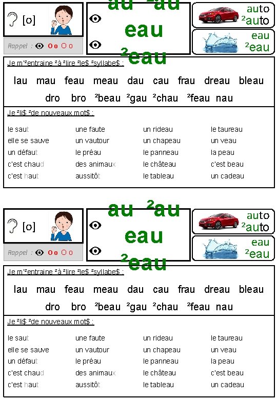 au ²au eau ²eau [o] Rappel : O o O o auto ²auto eau
