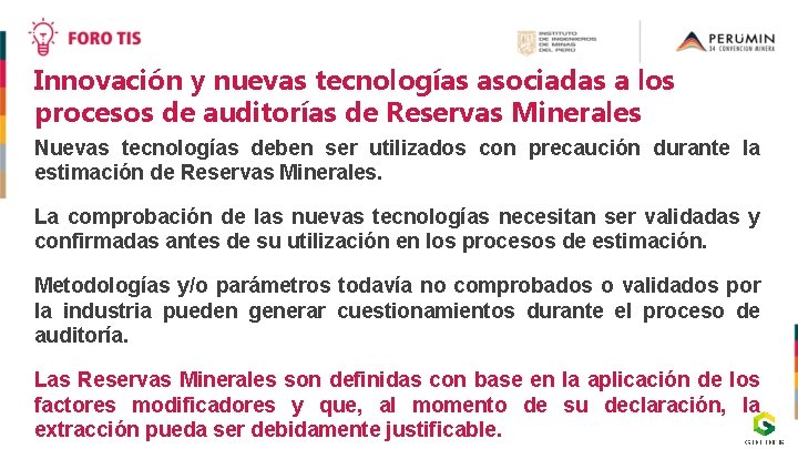 Innovación y nuevas tecnologías asociadas a los procesos de auditorías de Reservas Minerales Nuevas