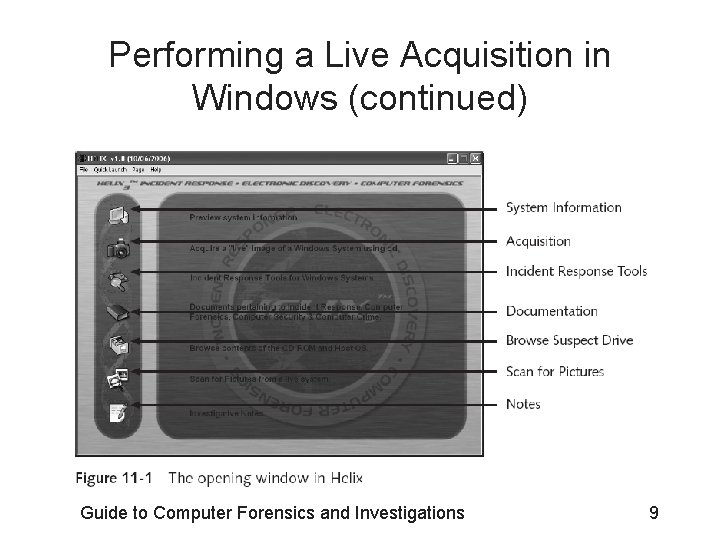 Performing a Live Acquisition in Windows (continued) Guide to Computer Forensics and Investigations 9 Performing a Live Acquisition in Windows (continued) Guide to Computer Forensics and Investigations 9