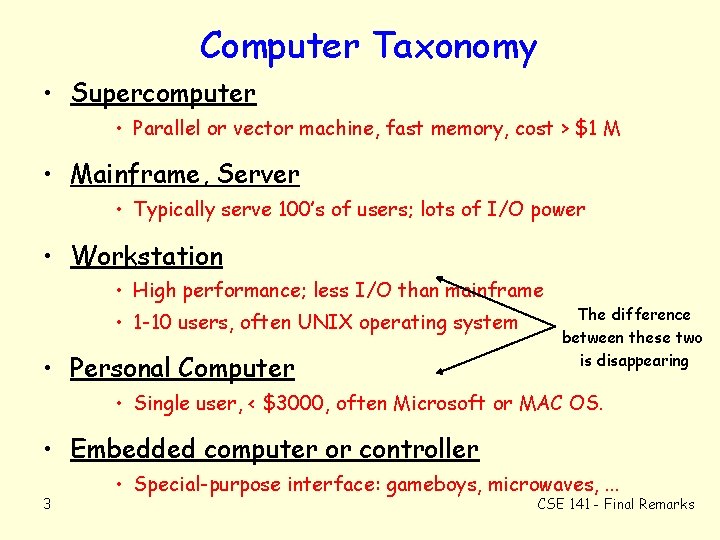 Computer Taxonomy • Supercomputer • Parallel or vector machine, fast memory, cost > $1
