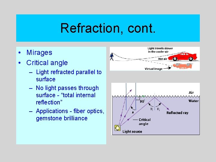 Refraction, cont. • Mirages • Critical angle – Light refracted parallel to surface –