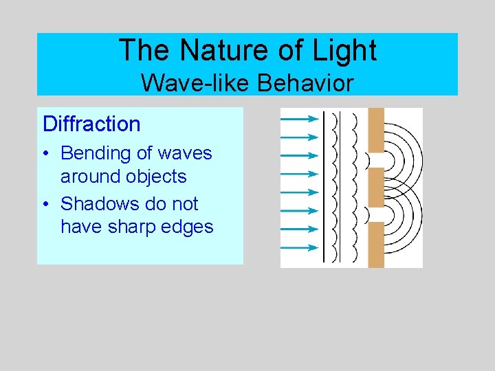 The Nature of Light Wave-like Behavior Diffraction • Bending of waves around objects •