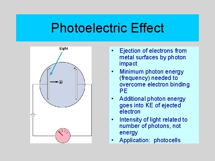 Photoelectric Effect • Ejection of electrons from metal surfaces by photon impact • Minimum