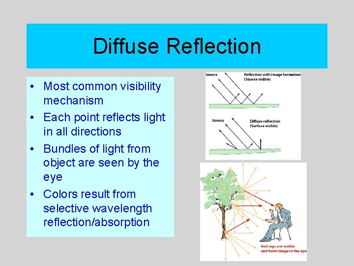 Diffuse Reflection • Most common visibility mechanism • Each point reflects light in all