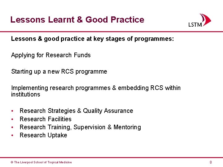 Lessons Learnt & Good Practice Lessons & good practice at key stages of programmes: