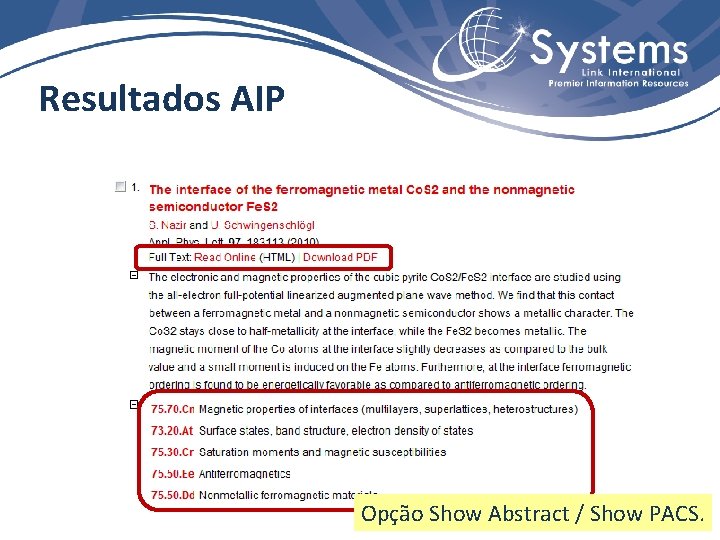 Resultados AIP Opção Show Abstract / Show PACS. 