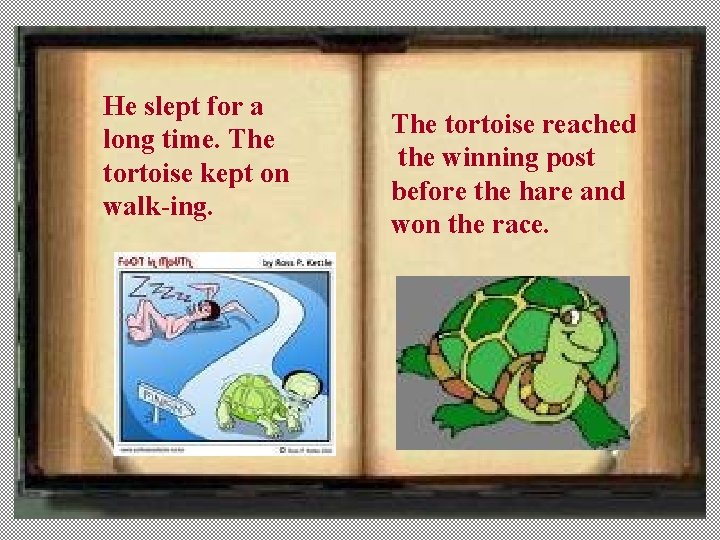 He slept for a long time. The tortoise kept on walk-ing. The tortoise reached