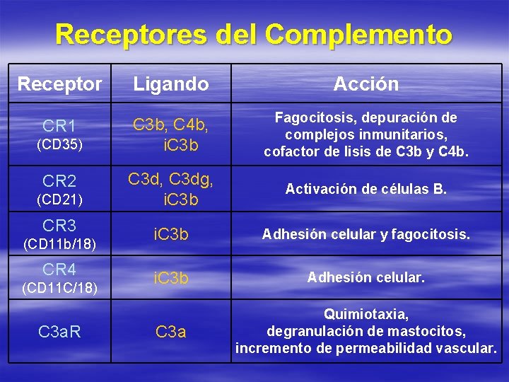 Receptores del Complemento Receptor Ligando Acción CR 1 C 3 b, C 4 b,