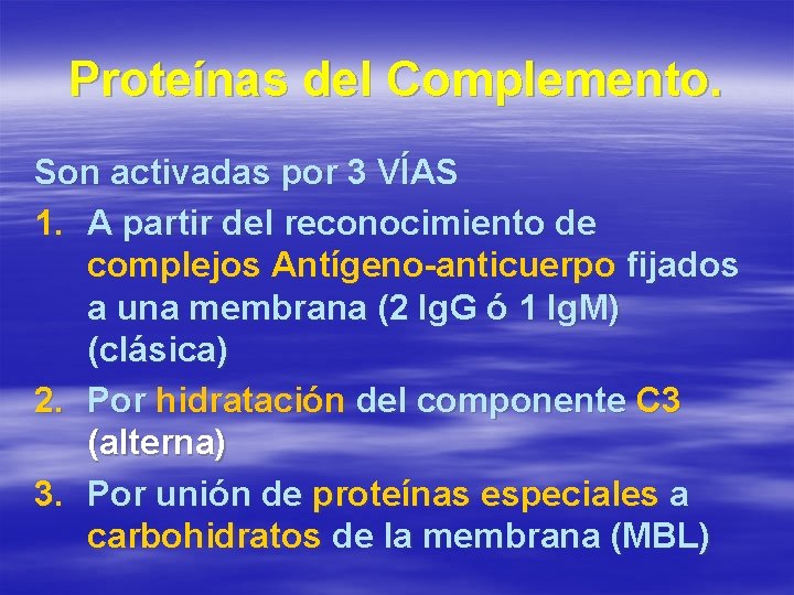 Proteínas del Complemento. Son activadas por 3 VÍAS 1. A partir del reconocimiento de
