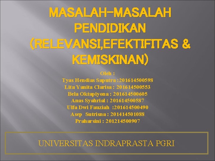 MASALAH-MASALAH PENDIDIKAN (RELEVANSI, EFEKTIFITAS & KEMISKINAN) Oleh : Tyas Hendias Saputra : 201614500598 Lita