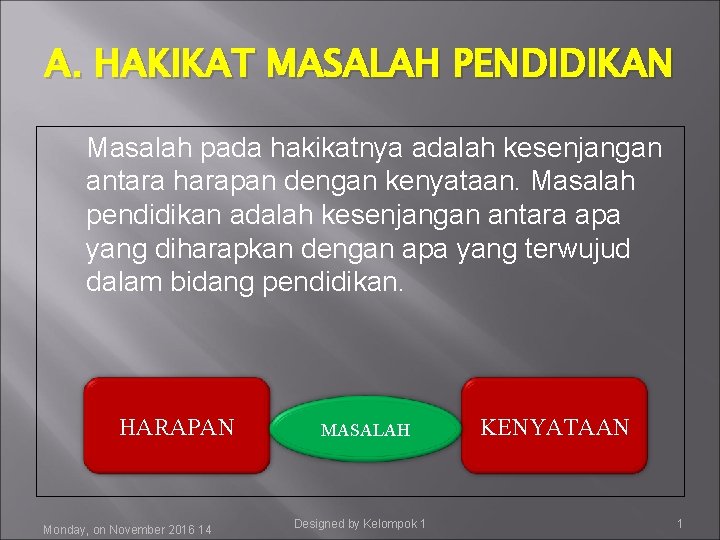 A. HAKIKAT MASALAH PENDIDIKAN Masalah pada hakikatnya adalah kesenjangan antara harapan dengan kenyataan. Masalah